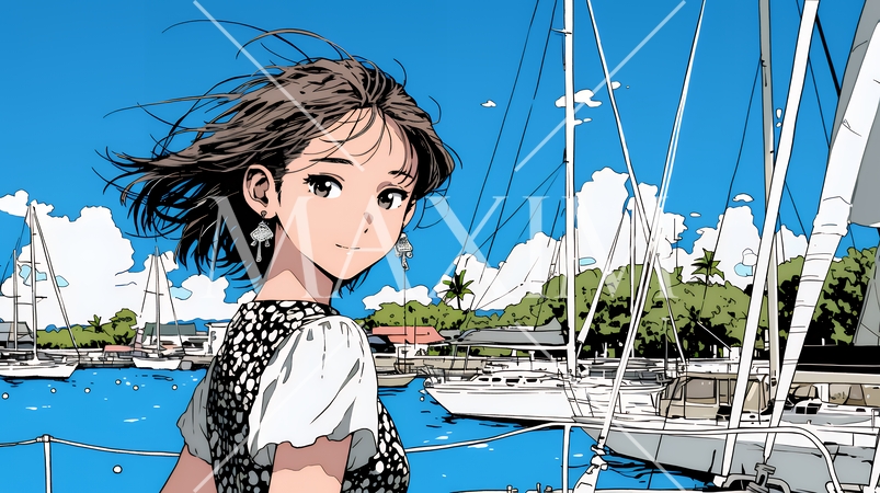 沖縄のヨットハーバーに立つ若い女性