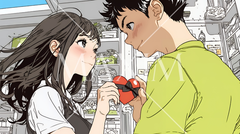 バレンタインディのチョコを男性に渡そうとしている若い女性