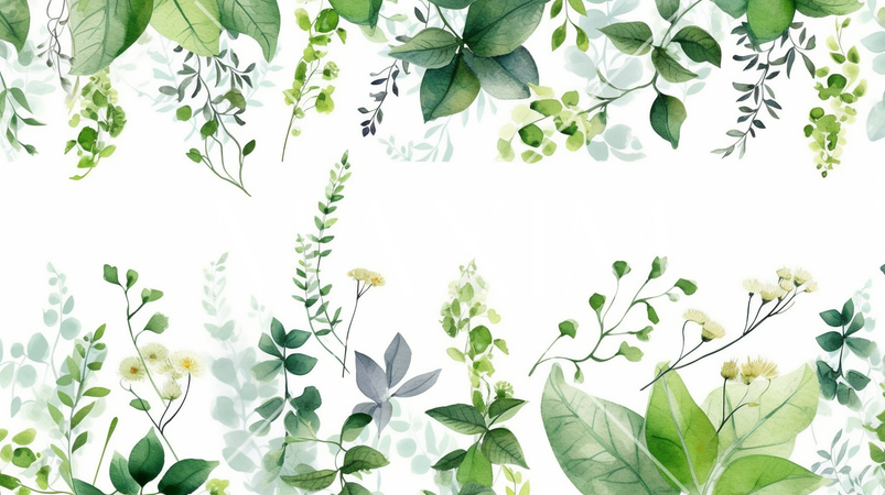 自然要素組合せ背景： 葉、花、枝など自然要素を使った格子模様を作成。自然の美しさや温かみ表現。