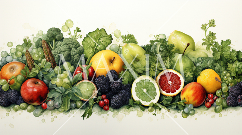 色とりどりの野菜と果物の背景画像：水彩画