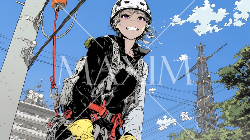 高所で作業をしている女性作業員