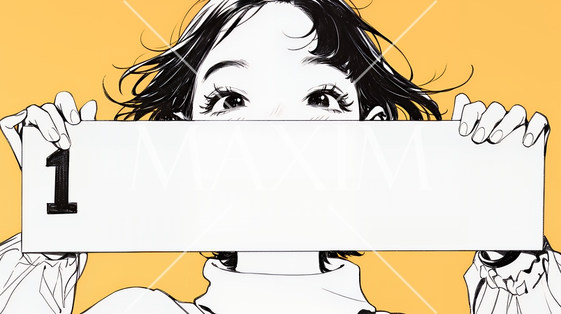 数字の「1」を掲げている若い女性（シンプルな色使い）