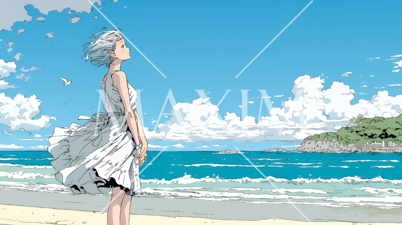 潮風の心地よさを満喫している若い女性