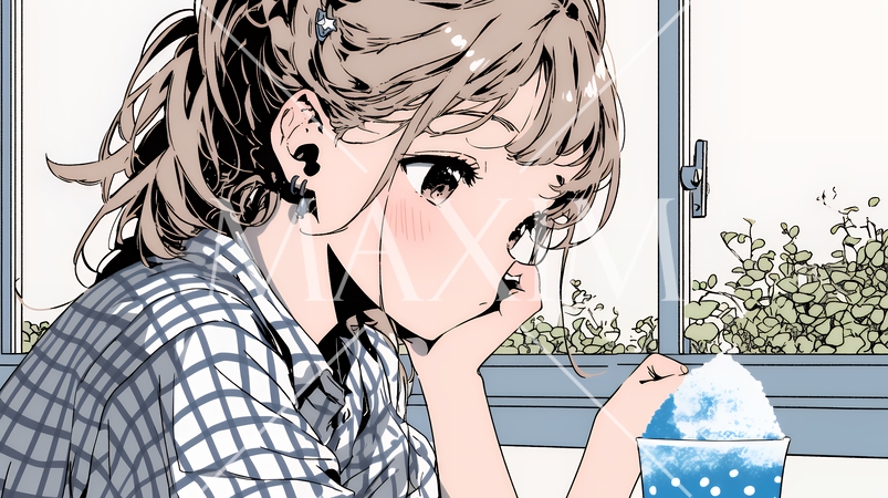 夏空の下でかき氷をたべる若い女性