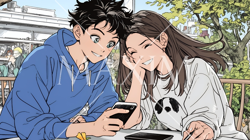 幸せそうに一緒にスマホを見る若いカップル