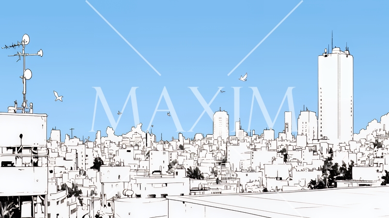 都市の町並みと青空（シンプルな色使い）