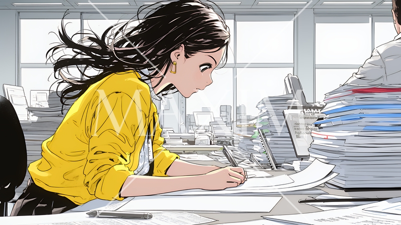 オフィスのデスクで、入念に書類をチェックする女性