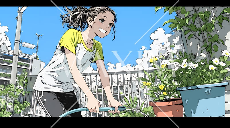 プランターの花に水やりをする若い女性｜ベランダガーデニングと自然を楽しむ爽やかな暮らしシーン