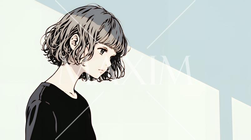 白い壁に向かって考え事をする若い女性