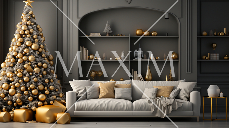 クリスマスツリー飾りのある黄色・金色基調の居間