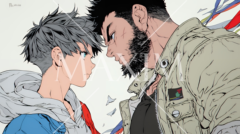 親子喧嘩：青年男子の息子と父親がいがみ合っている