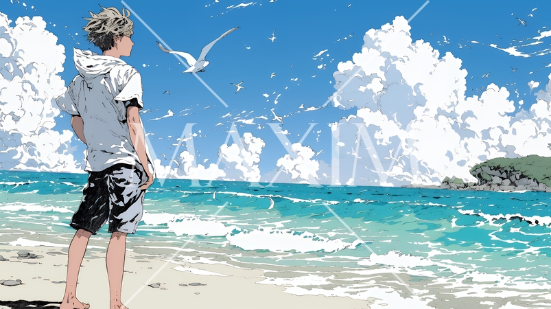 潮風の心地よさを満喫している若い男性