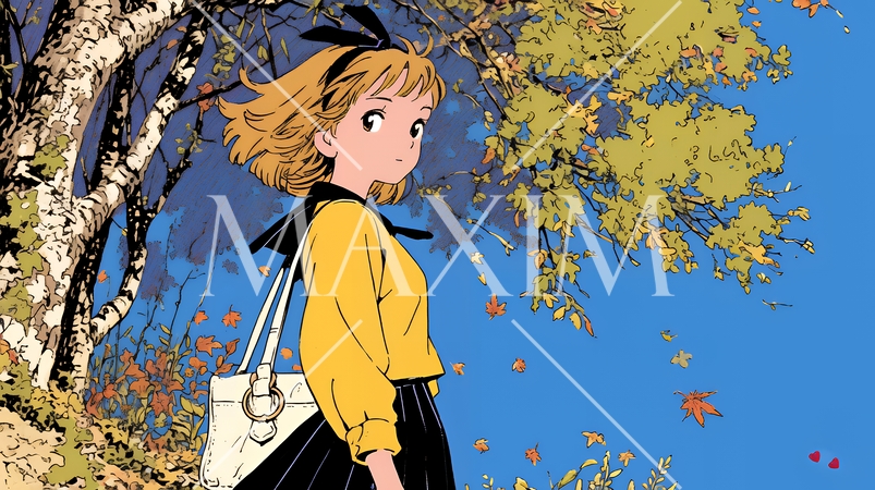 紅葉の小径を歩く若い女性