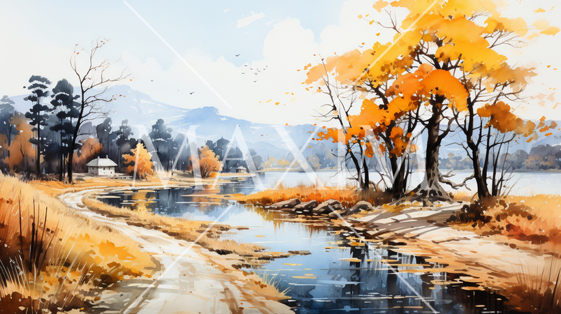 木々の紅葉が水面に映る美しい水辺の風景：水彩画