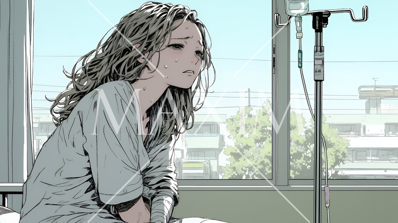 病院のベッドに腰掛けて気落ちしている女性