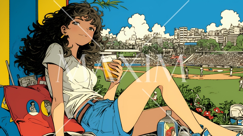 野球などの屋外スポーツを観戦しながら、ビールを楽しむ若い女性。