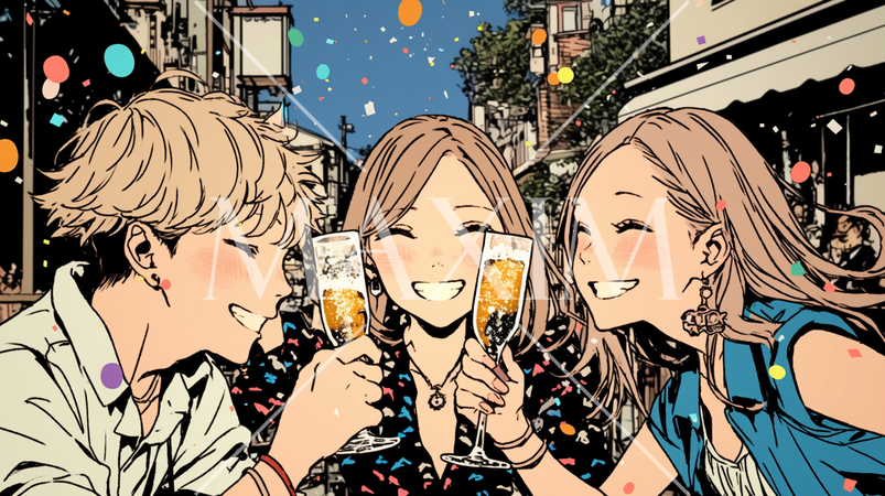 野外の飲み会で乾杯する若者たち