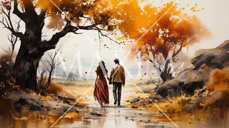 秋の紅葉の雑木林を散歩する恋人達：水彩画