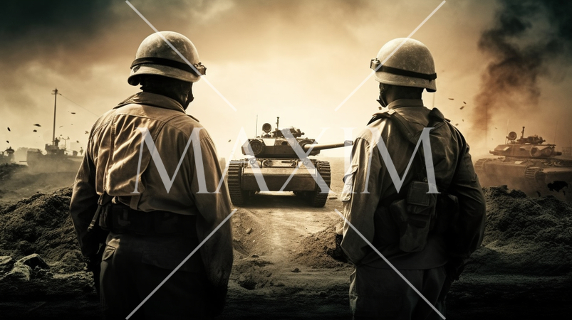戦争最前線の地上戦部隊：セピア写実的描画