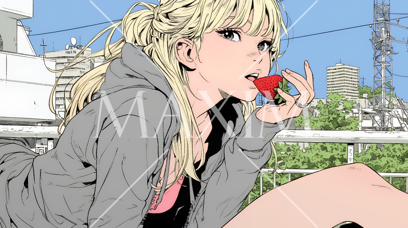 イチゴを摘んで食べている若い女性