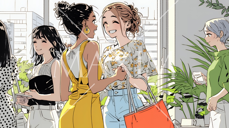 道端で会話を楽しむ若い主婦たち（ママ友たち）