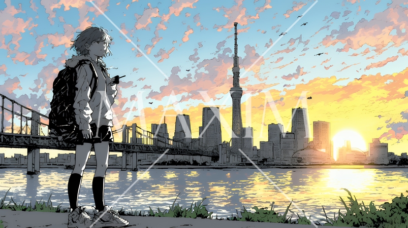 大都会の日没（日の出）とランドスケープを眺めている若い女性