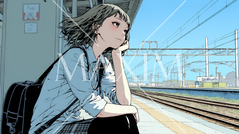 駅のホームで、なかなか来ない電車を待ちくたびれている若い女性