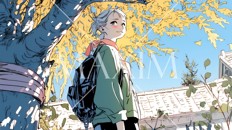 街の木々の紅葉と若い女性