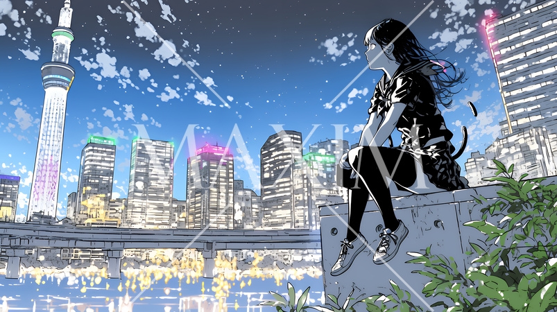 都市の夜景を眺めている女性