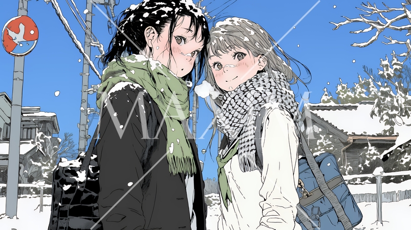 雪の日に友達と通学する女子高生