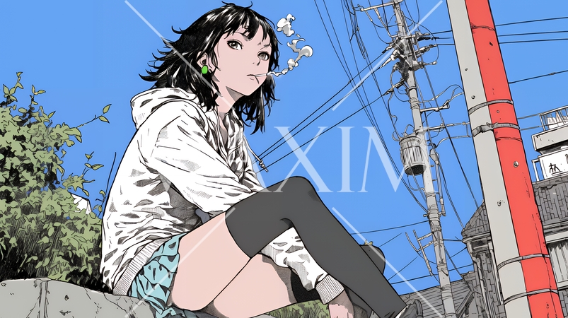 不良女子高生：くわえたばこで喫煙している若い女性