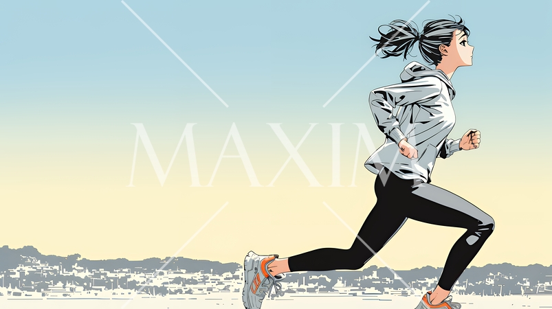 夕方の街並みを背景にジョギングをする若い女性