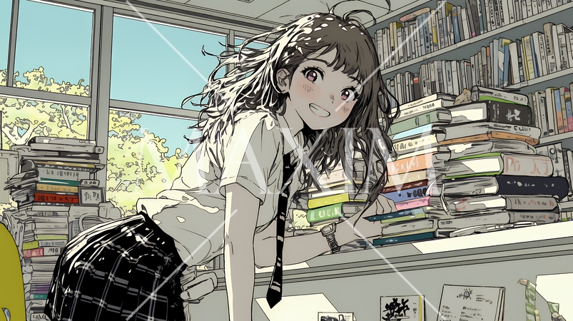 書店で本を選ぶ女子高生