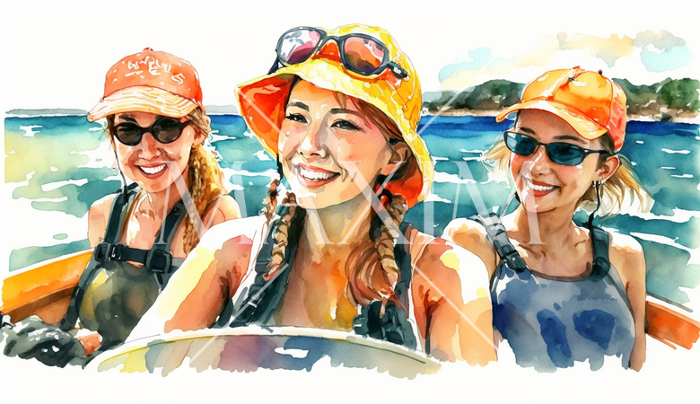 南国の島でモーターボートで疾走する若い女友達たち