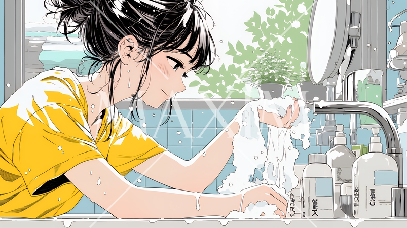 洗面所で朝の洗顔をする女性