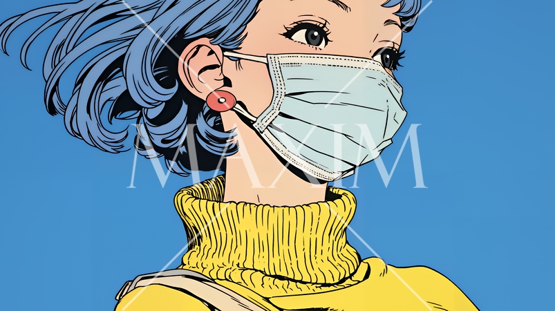 使い捨て不織布マスクをつけた若い女性