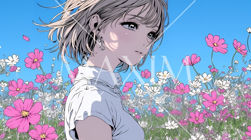 コスモス畑にいる若い女性