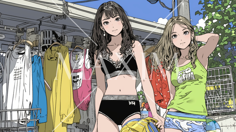 水着に着替え中の若い女性