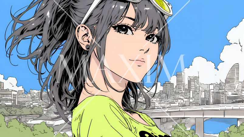 若い女性と都会のランドスケープ