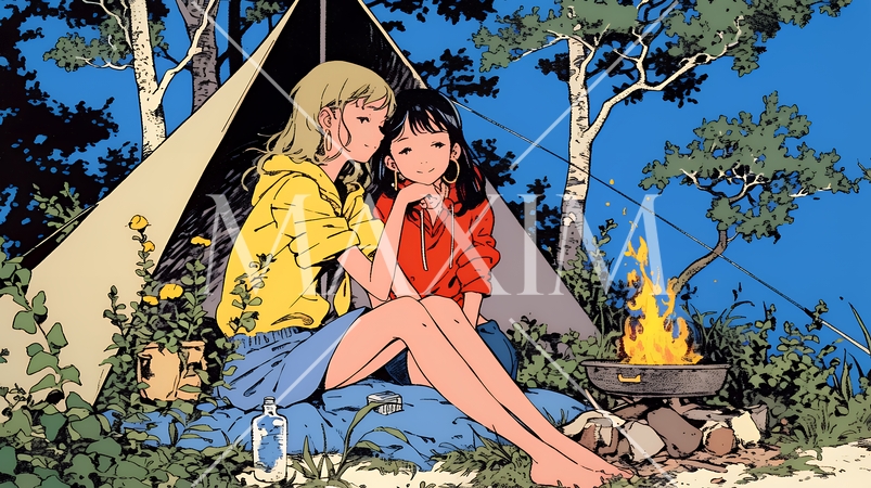 女友達と一緒にテントキャンプを楽しむ若い女性