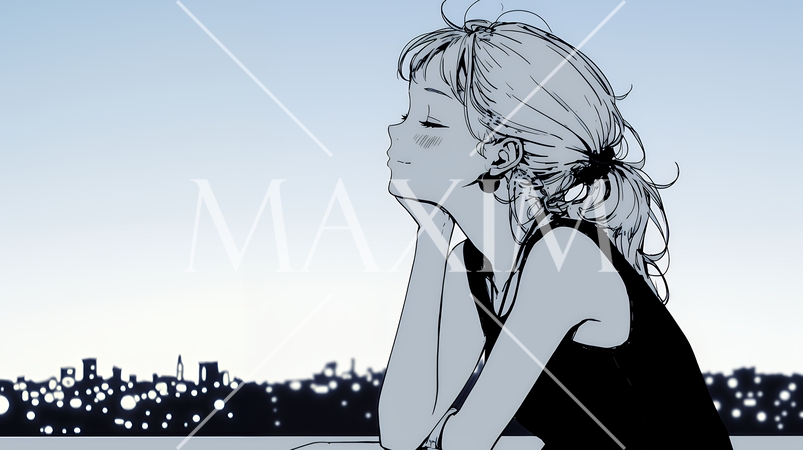 ベランダで夜風に当たりながら都会のランドスケープを眺め休む若い女性（シンプルな色使い）