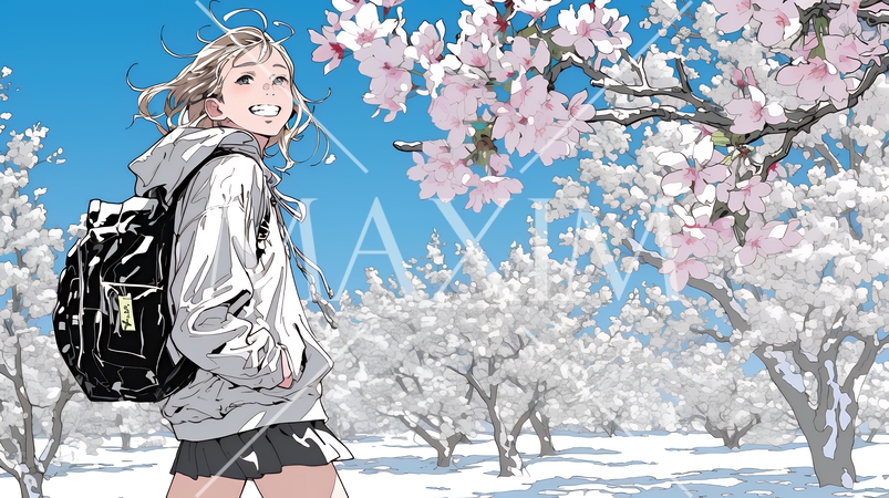満開の桜の木の下を歩く若い女性