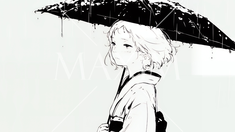 雨の中を歩く女性（シンプルな色使い）