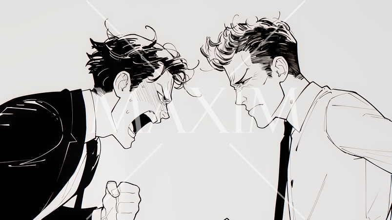 オフィスで言い争いをしているビジネスパーソン（シンプルな色使い）