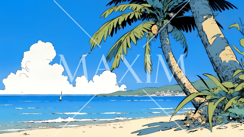 やしの木と海岸と海と青空がきれいな南国のリゾート：コピースペースあり