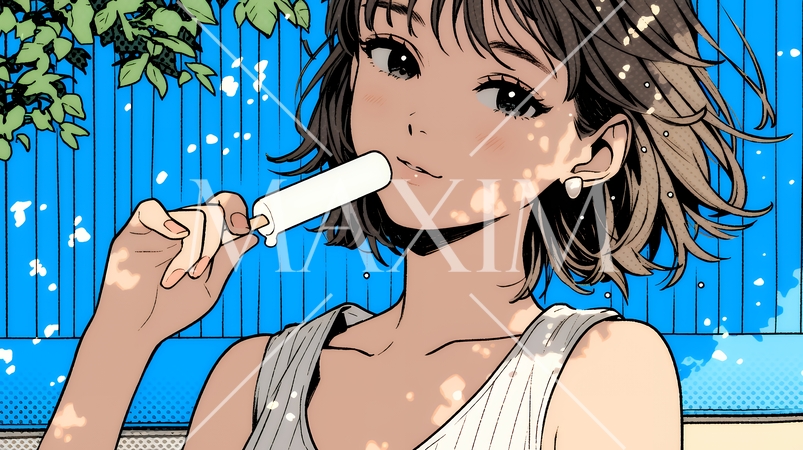 アイスキャンティを食べている若い女性