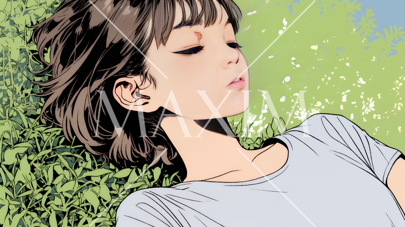 心地よさそうに地面に身を横たえる若い女性