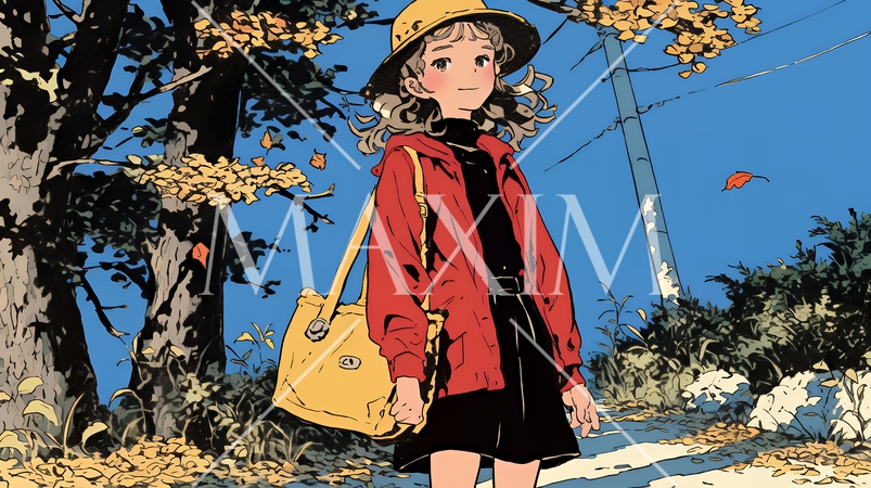 紅葉の小径を歩く少女