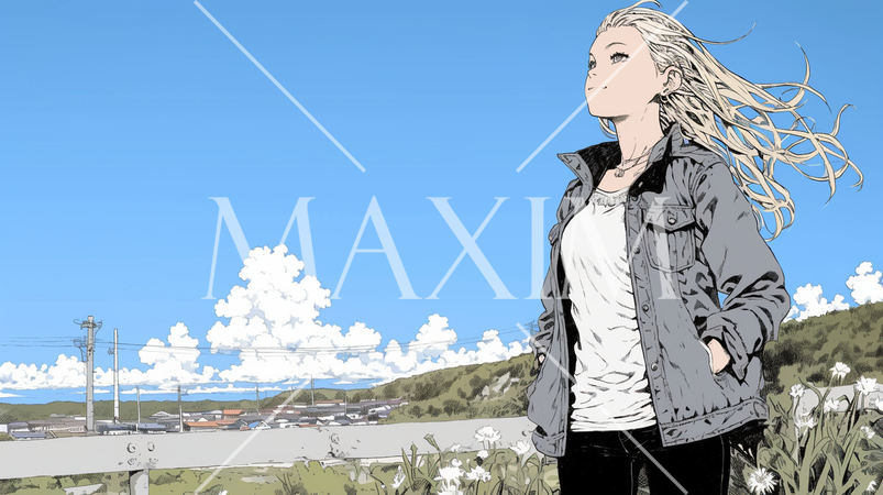 遠くの空を見つめている若い女性