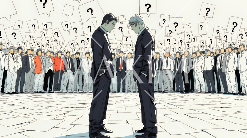 互いに相手の意見を十分に理解できないまま対話を続ける二人のビジネスマン